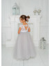 Cap Sleeves Ivory Lace Gray Tulle Flower Girl Dress